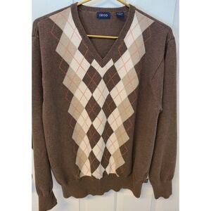 Vtg Men's Izod Argyle V-Neck Long Sleeve Lightweight Sweater Size L Brown Preppy